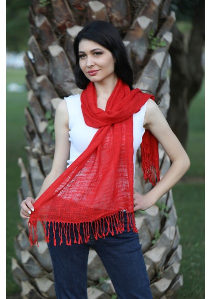 Kırmızı Renkli %100 Saf Keten Şal Fular