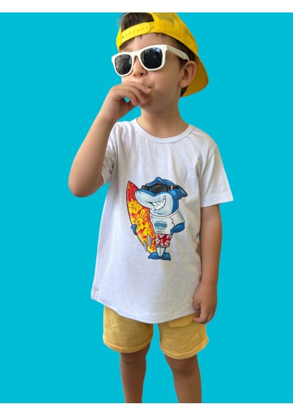 Beyaz Pamuklu Penye Kumaş Mavi Köpekbalığı Baskılı Kız Erkek Çocuğu Kısa Kollu T-Shirt fırsatları