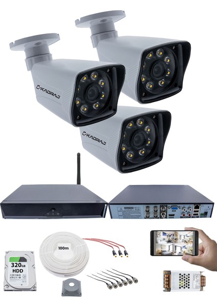 3 Kameralı Güvenlik Seti - 5mp Sony Seculens, 1080P Full Hd Ahd, 8 Ultra Warm Led, Gece Renkli Görüş, 5mp Dvr + Wifi Adaptörü, V1