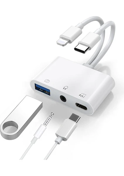 Type-C-Iphone Otg Dönüştürücü Çevirici Iphone Kart Okuyucu 3.5mm Kulaklık USB Çevirici Adaptör