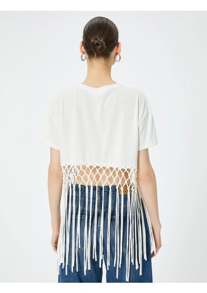 Püsküllü Crop Tişört Kısa Kollu Bisiklet Yaka Pamuklu Rahat Kalıp