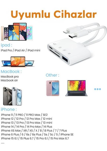 4in2 Type-C-Iphone Girişli USB Kamera Okuyucu Sd-Tf Kart Çevirici Mouse Klavye Okuyucu Otg