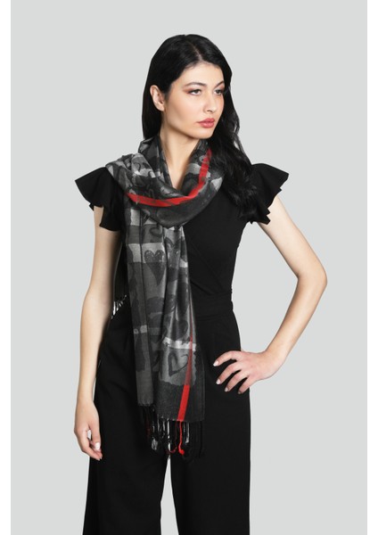 Gri Siyah Renk Desenli Paşmina Şal