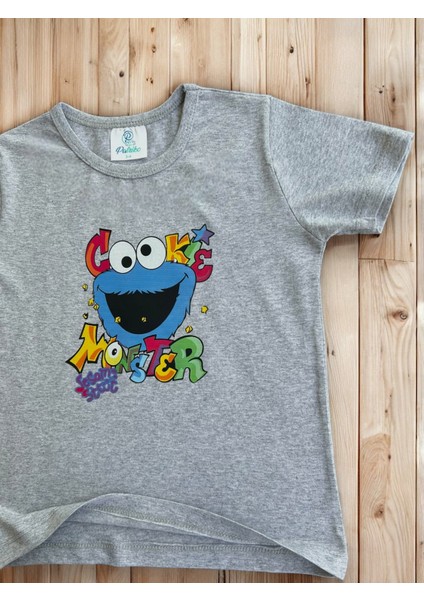 Disney Mavi Kurabiye Canavarı Karakterli Kız Erkek Çocuk Pamuklu Penye Gri Kısa Kollu Tişört