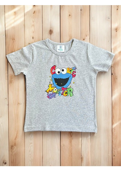 Disney Mavi Kurabiye Canavarı Karakterli Kız Erkek Çocuk Pamuklu Penye Gri Kısa Kollu Tişört modelleri