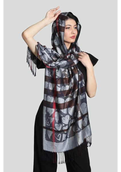 Kahverengi ve Gri Renk Desenli Paşmina Şal