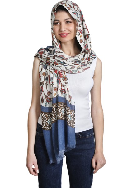 Bej Lacivert Ipek - Keten Şal