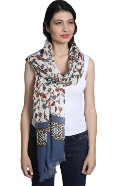 Bej Lacivert Ipek - Keten Şal fiyatları