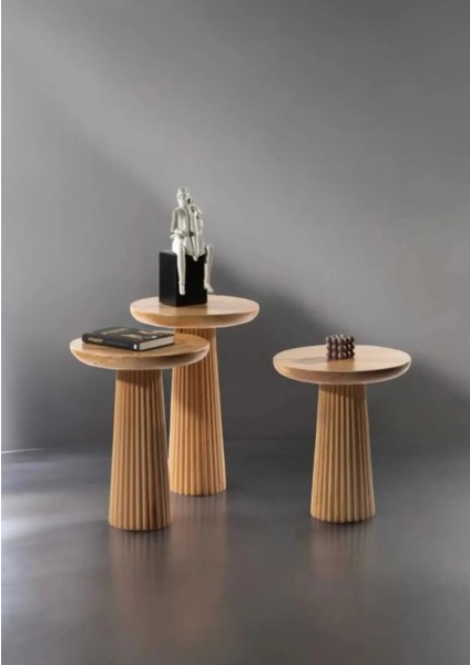 Wood Wooden 3’Lü Set Fitilli Mantar Yan Sehpa Modern Ahşap Renk Fiskos