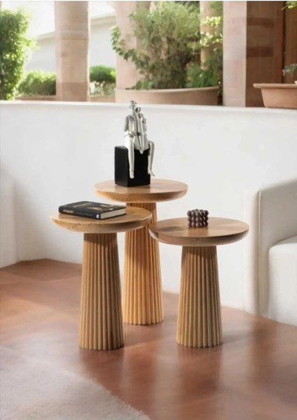 Wood Wooden 3’Lü Set Fitilli Mantar Yan Sehpa Modern Ahşap Renk Fiskos fiyatları