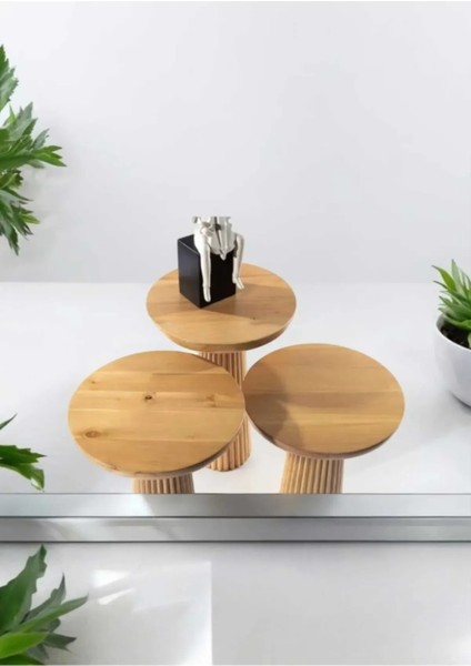 Wood Wooden 3’Lü Set Fitilli Mantar Yan Sehpa Modern Ahşap Renk Fiskos modelleri