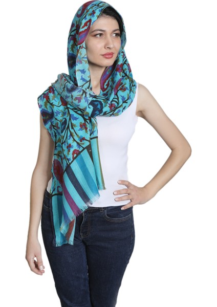Turkuaz Ipek - Keten Eşarp Şal