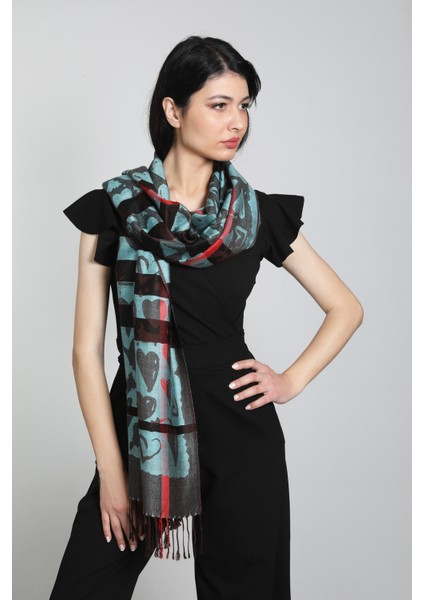 Turkuaz Siyah Renk Desenli Paşmina Şal
