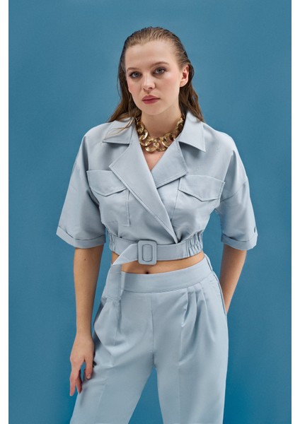 Mint Toka Detaylı Arka Lastikli Crop ve Cepli Arka Lastikli Pantolon Takım