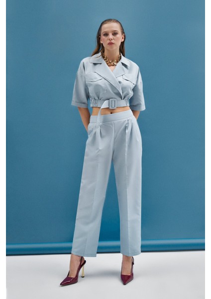 Mint Toka Detaylı Arka Lastikli Crop ve Cepli Arka Lastikli Pantolon Takım fırsatları