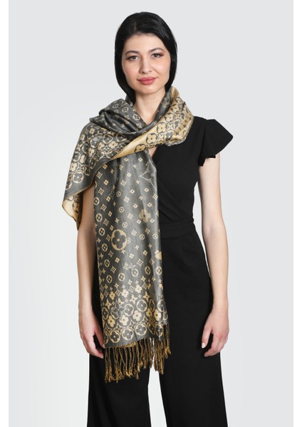 Antrasit Gold Rengi Desenli Paşmina Şal