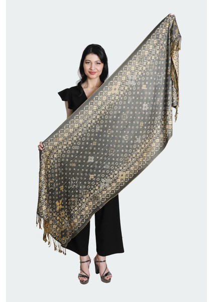 Antrasit Gold Rengi Desenli Paşmina Şal modelleri