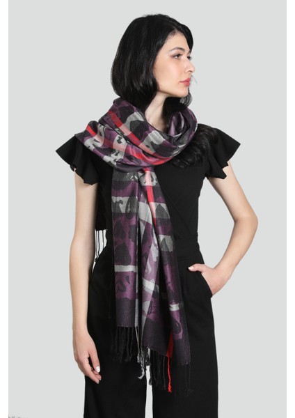 Gri Mor Renk Desenli Paşmina Şal