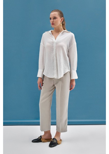 Ekru Oversize Geniş Manşetli Keten Karışımlı Gömlek fiyatları