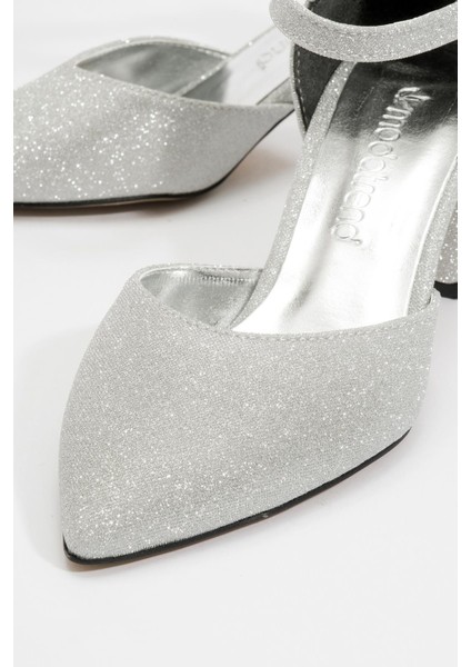 Kadın Biyeli Topuklu Ayakkabı Gümüş Sim modelleri