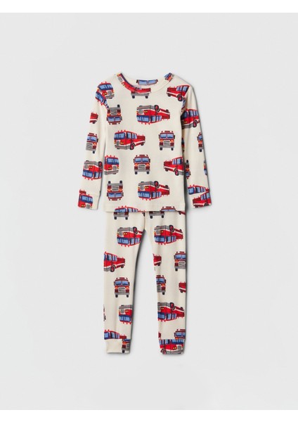 Bebek Kırık Beyaz %100 Organik Pamuk Itfaiye Desenli Pijama Takımı