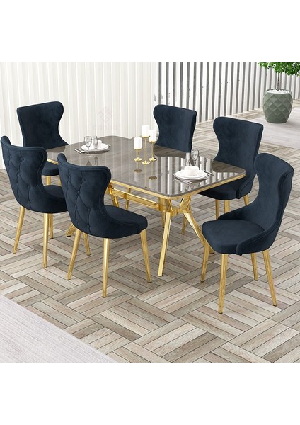Esla Serisi 90X160 Lak Panel Antrasit Ironi Gold Kaplama Ayaklı Masa Takımı ve 6 Sandalye