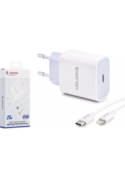 GNX012 Lıghtnıng - Type-C Şarj Adaptörü Set Pd 25W Beyaz