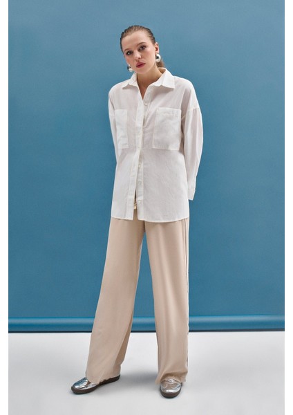 Ekru Kontrast Dikiş Detaylı Cepli Gömlek