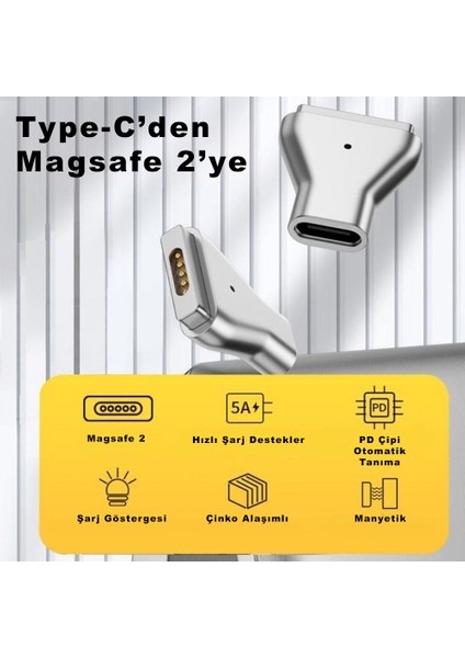 Type-C To Magsafe 2 85W A Kadar Destekli Düz Tip Şarj Çevirici Adaptör