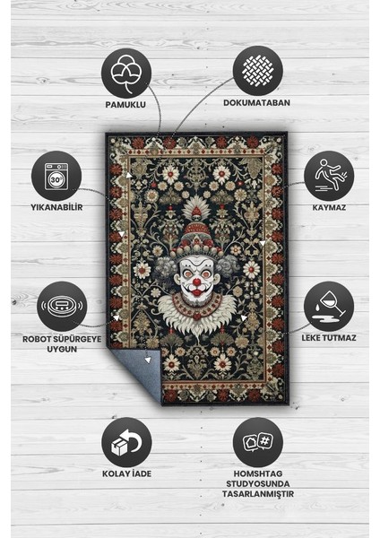 Gotik Palyaço Temalı Halı Siyah Çiçekli Oturma Odası Halısı Etnik Hediyelik Palyaço Halısı