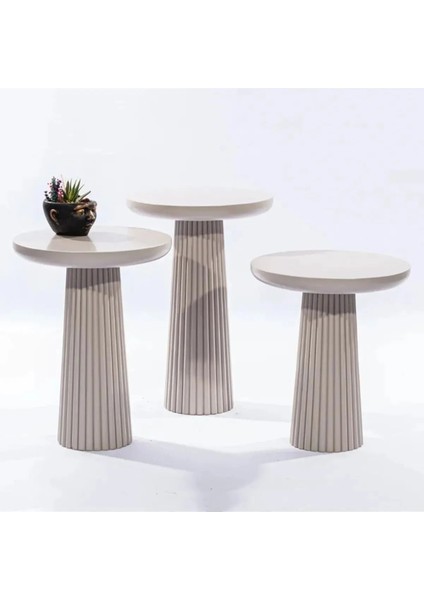 Wood Wooden 3’Lü Set Fitilli Mantar Yan Sehpa Modern Beyaz Renk Fiskos
