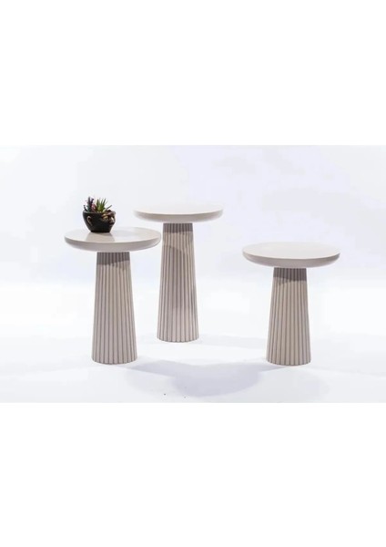Wood Wooden 3’Lü Set Fitilli Mantar Yan Sehpa Modern Beyaz Renk Fiskos modelleri