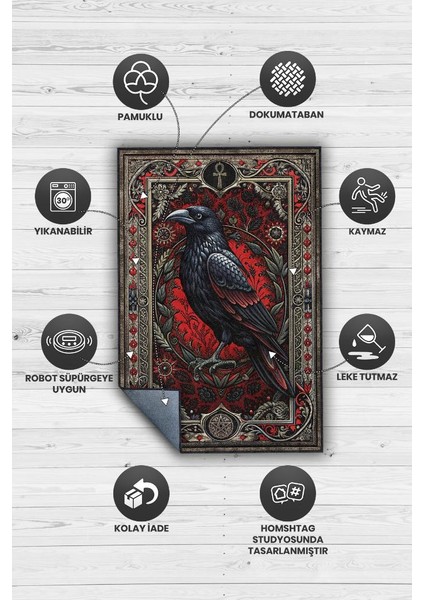 Gotik Karga Temalı Halı Kırmızı Renkli Retro Oturma Odası Halısı Karanlık Karga Halısı