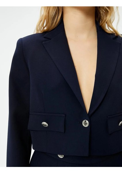 Crop Blazer Ceket Düğmeli Kapaklı Cepli