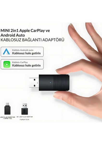 Araç Içi 2in1 Android ve Apple Cihazlar Için Kablosuz Android Auto ve Carplay Adaptörü