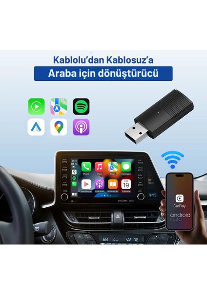 Araç Içi 2in1 Android ve Apple Cihazlar Için Kablosuz Android Auto ve Carplay Adaptörü