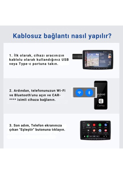 Araç Içi 2in1 Android ve Apple Cihazlar Için Kablosuz Android Auto ve Carplay Adaptörü