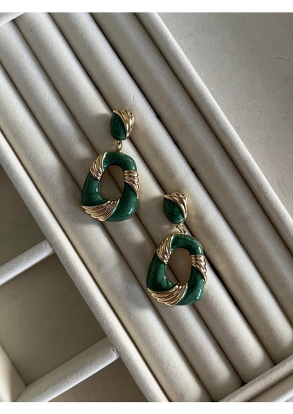 Vintage Yeşil Gold Küpe