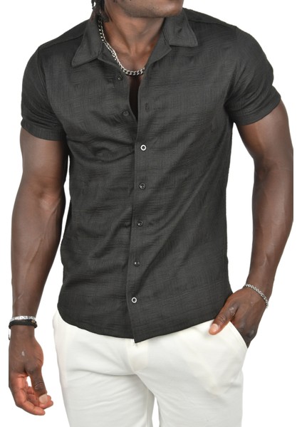 Kabartma Desenli Slim Fit Likralı Kısa Kollu Penye Gömlek 2403222 fiyatları