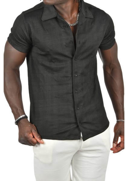 Kabartma Desenli Slim Fit Likralı Kısa Kollu Penye Gömlek 2403222 fırsatları