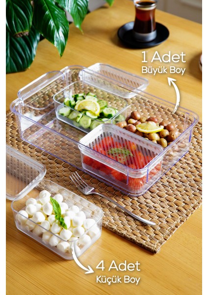 5 Bölmeli Kapaklı Şeffaf Saklama Kabı Seti