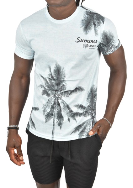 Kendinden Desenli Summer Yazılı Dijital Palmiye Baskılı T-Shirt 2403220