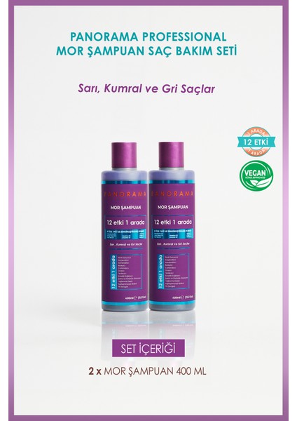 Panorama Professional Professional Mor Şampuan  8 Özel Yağ /Zengin Menekşe Pigmentleri 12 Etki 1 Arada/400 ml Şampuan 2'Li Set Turunculaşma Karşıtı vegan