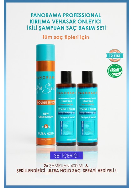 Panorama Professional Kırılma Ve Hasar Önleyici Bakım Seti 2 Kat Güçlü Saçlar 12 Etki 1 Arada/400 Ml X2 Şampuan + Saç Spreyi 3'lü Set vegan