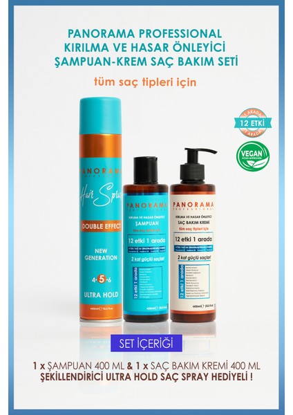 Panorama Professional Kırılma Ve Hasar Önleyici Bakım Seti 2 Kat Güçlü Saçlar 12 Etki 1 Arada/400 ml Şampuan + 400 ml Saç Bakım Kremi + 400 ml Saç Spreyi 3'lü set vegan