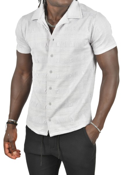 Kabartma Desenli Slim Fit Likralı Kısa Kollu Penye Gömlek 2403222