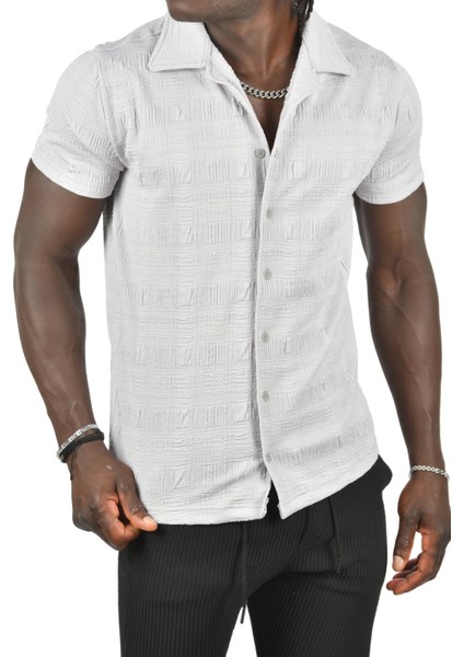 Kabartma Desenli Slim Fit Likralı Kısa Kollu Penye Gömlek 2403222 fırsatları