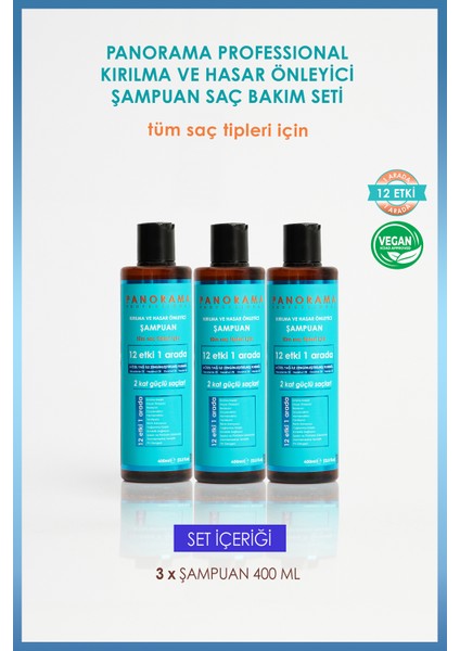 Panorama Professional Kırılma Ve Hasar Önleyici Bakım Seti 2 Kat Güçlü Saçlar 12 Etki 1 Arada/400 Ml X3 Şampuan 3'Lü Set vegan