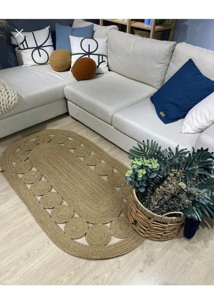 Hasır Jüt Halı El Örgüsü Halı Kilim Yıkanabilir Çift Taraflı Oval