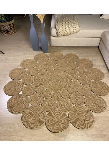 Hasır Jüt Halı El Örgüsü Halı Kilim Yıkanabilir Çift Taraflı Yuvarlak